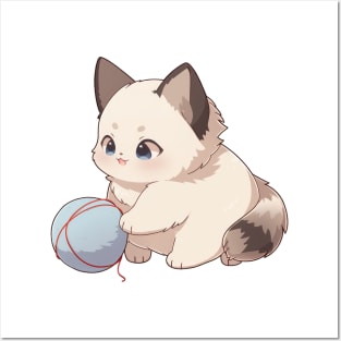 Cute Birman Cat Playing with Yarn Posters and Art